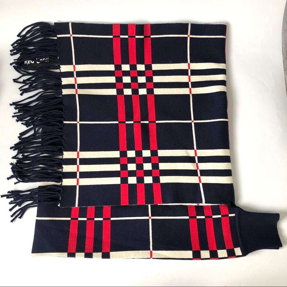Red Coral collections Red/Navy/ivory Plaid with Sleeves Frayed Reversible Wrap